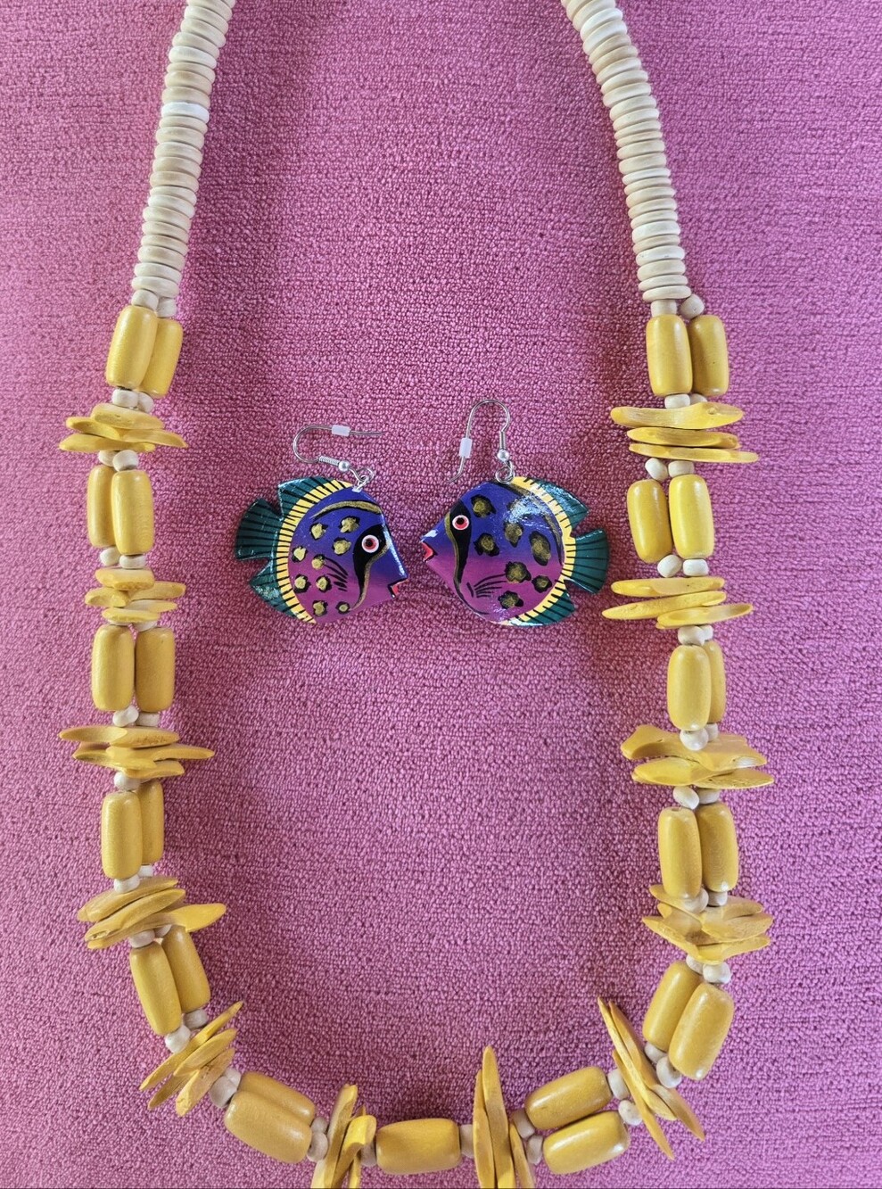 Vintage Yellow Beaded Necklace with Colorful Tropical Painted Fish Earrings
